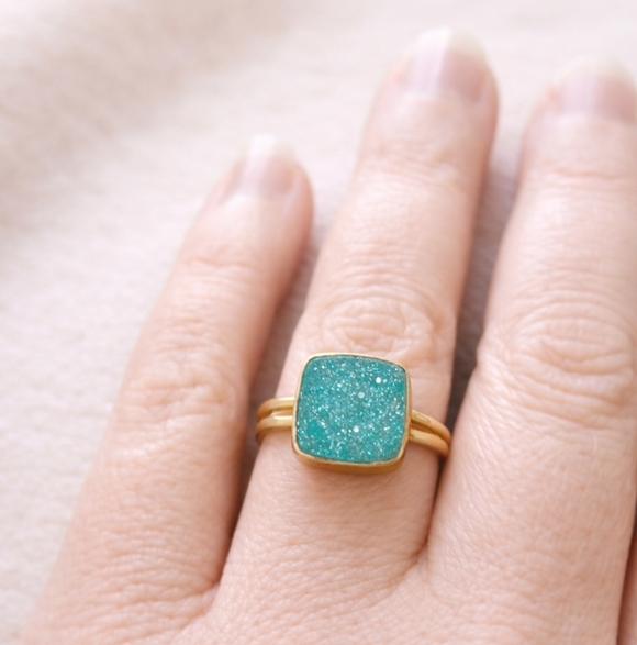 Jewelry - Aqua Druzy Quartz Ring • Gold Adjustable Band • Sparkling Square Gemstone
